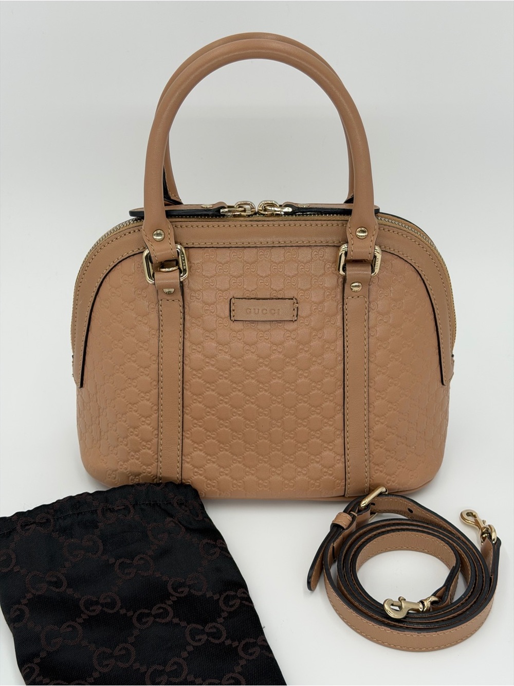 Gucci Dome Two-Way Bag in Khaki Guccisma Leather w/Dust Bag and Entrupy COA